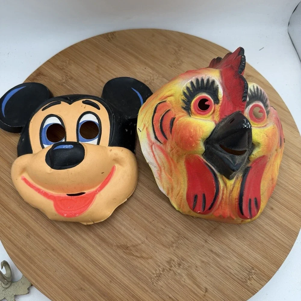 Vtg Pair Of Ben Cooper Plastic Kids Halloween Mask Disney Mickey Mouse & Chicken